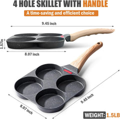 Egg Pan Nonstick, 4 Holes Egg Frying Pan with Silicone Small Scraper & Oil Brush, Versatile Breakfast Skillet, Suitable For Gas Stove And Induction Cookware, Pancake, Breakfast, Omelette Pan