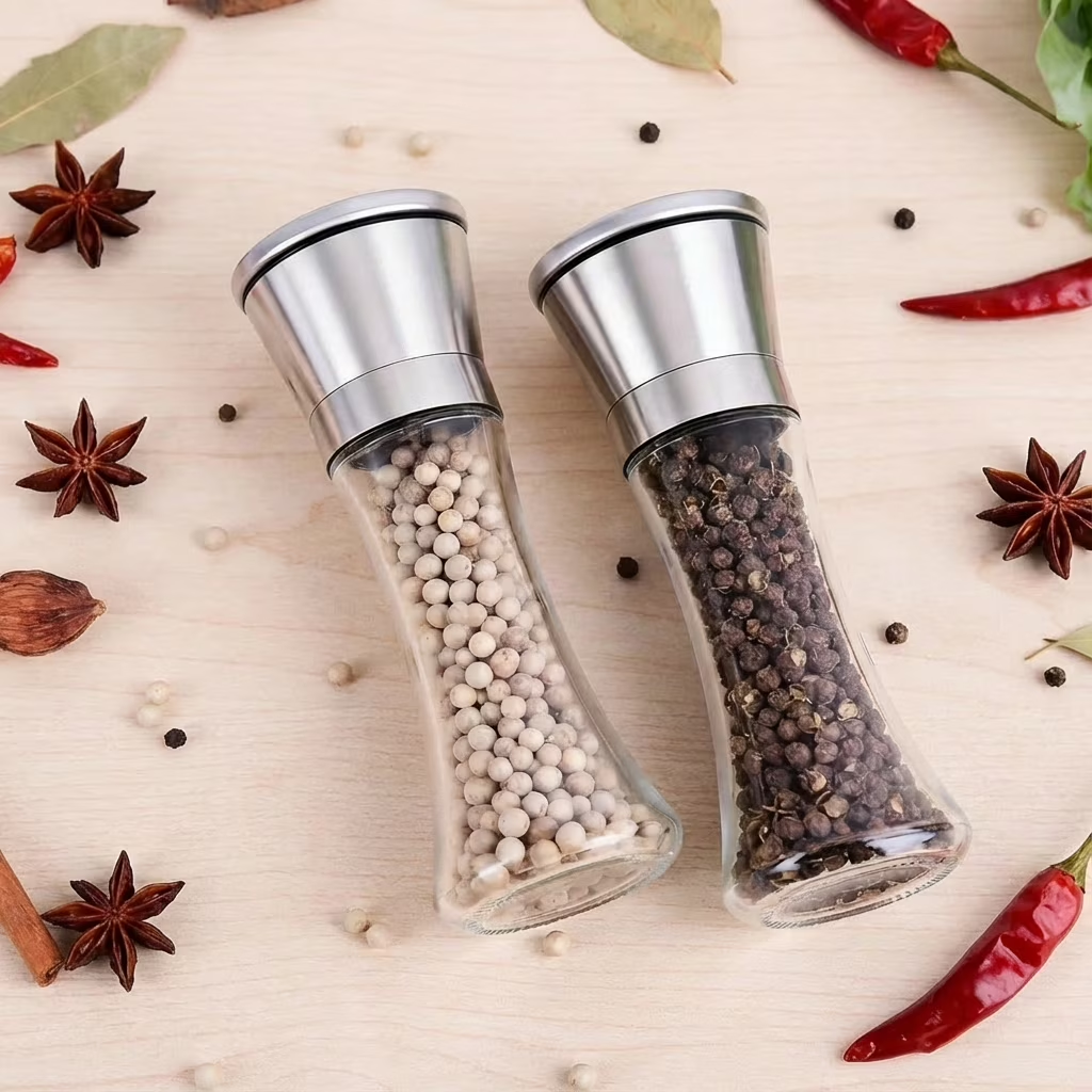 Stainless Steel Salt & Pepper Mill Set 2 Pack, Glass Body Refillable Grinder, Adjustable Coarseness for Sea Salt & Pepper