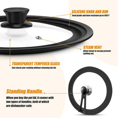 Vertical Standing Universal Lid Interchangeable Handle - 10 to 12 Inch for Pots and Pans Fits, Tempered Glass Heat Resistant Silicone Edge, Dishwasher Safe without BPA