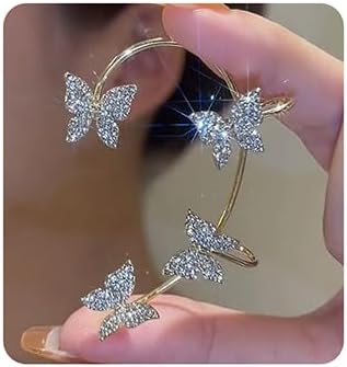Jumwrit Rhinestone Butterfly Ear Cuffs Non Piercing Ear Clips Ear Cuffs Climber Crawler Earrings Ear Wrap around Earrings for Women(Gold)