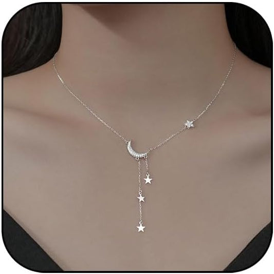 Moon Y Necklace for Women Silver Star Pendant Dainty Rhinestone Cute Long Necklace Jewelry Gift
