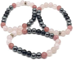 Natural Hematite, Obsidian, Strawberry Quartz & Rose Quartz 8mm Round Shape Smooth Cut Beads Stretchable Bracelet For Men & Women. Unisex Bracelet For Healing|STB_VG_11714