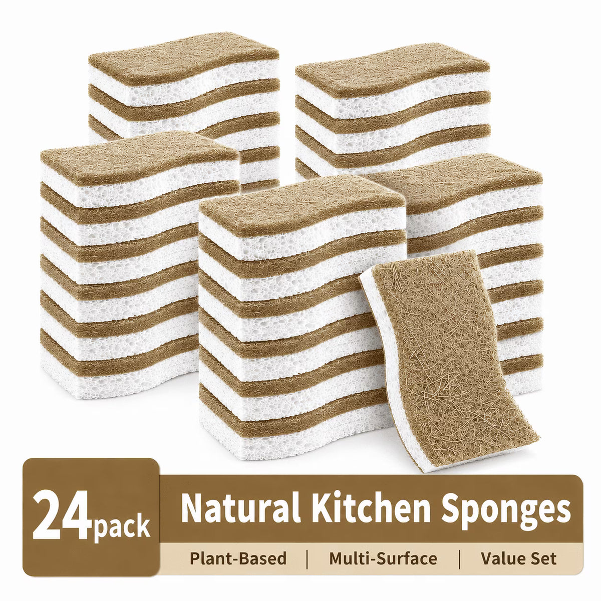24 Pack Kitchen Sponges, Non-Scratch Cellulose Dish Sponges with Scrub Pad for Dishes, Nonstick Cookware and Household Cleaning