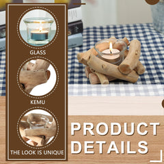 2Pcs Handmade Wooden Tea Light Candle Holder with Glass Cup, Rustic Country Coastal Style for Farmhouse, Home Decoration, Seaside Decor, Holiday Wedding – Send Goods from Local Warehouse