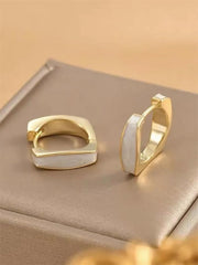 18K Gold Plated, Gold Huggie Hoop Earrings with Pearl Inlay for Women – Minimalist Rectangular Design – Elegant Everyday Jewelry for Office, Casual & Formal Wear