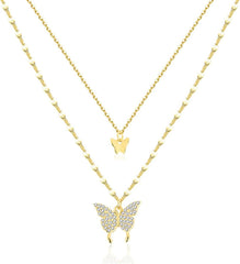 Crystal Butterfly Layered Necklaces for Women Dainty Layering Pendant Necklace Adjustable CZ Animal Chain Choker Cute Jewelry