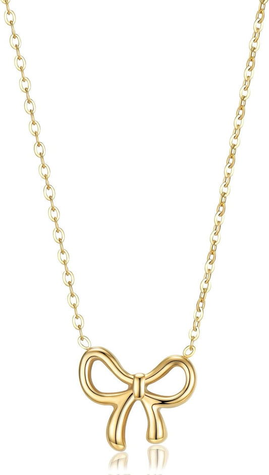 TESTRYE 18K Gold Bow Necklace,Dainty Bow Pendent Choker Necklace Bowknot Bow Tie Necklace for Women