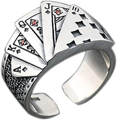 GAUEIOUR Poker Card Ring, Premium Alloy Playing Card Open Adjustable Design, Hip Hop Punk Gothic Style, Vintage Thread, Lucky Flush Set With Red Diamonds, Unisex
