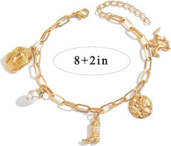 Western Charm Bracelet for Women Cowgirl Hat Western Bracelets Gold Cowboy Boot Bracelet Adjustable Pearl Horse Bracelets Trendy Elegant Jewelry Accessories