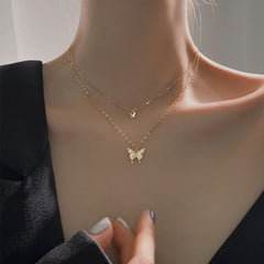 Crystal Butterfly Layered Necklaces for Women Dainty Layering Pendant Necklace Adjustable CZ Animal Chain Choker Cute Jewelry