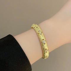 Gold Bracelets for Women, Silver Gold Stripe Bangle Bracelet Cuff Flower Shaped With Simulated Diamond Trendy Mixed Metal Open Gift for Mom Her Jewelry