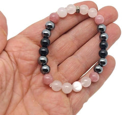 Natural Hematite, Obsidian, Strawberry Quartz & Rose Quartz 8mm Round Shape Smooth Cut Beads Stretchable Bracelet For Men & Women. Unisex Bracelet For Healing|STB_VG_11714