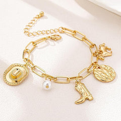 Western Charm Bracelet for Women Cowgirl Hat Western Bracelets Gold Cowboy Boot Bracelet Adjustable Pearl Horse Bracelets Trendy Elegant Jewelry Accessories