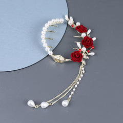 Pearl Rose Hair Clips, Tassel Pill Hair Clip Fashionable Elegant Metal Claw Clips Ponytail Buckle Vintage Hair Pearls Red Rose Flower Clips Hair Accessories for Women Girls Hair Clips