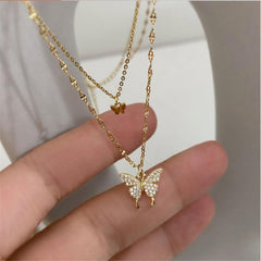Crystal Butterfly Layered Necklaces for Women Dainty Layering Pendant Necklace Adjustable CZ Animal Chain Choker Cute Jewelry