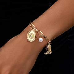 Western Charm Bracelet for Women Cowgirl Hat Western Bracelets Gold Cowboy Boot Bracelet Adjustable Pearl Horse Bracelets Trendy Elegant Jewelry Accessories