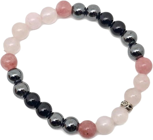 Natural Hematite, Obsidian, Strawberry Quartz & Rose Quartz 8mm Round Shape Smooth Cut Beads Stretchable Bracelet For Men & Women. Unisex Bracelet For Healing|STB_VG_11714