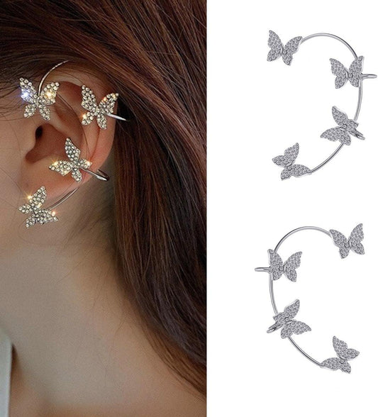 Juneyemo Glitter Rhinestone Ear Cuffs 1 Pair Butterfly Climber Ear Wrap Non Pierced Earrings Ear Jewelry for Women and Girls (Silver)