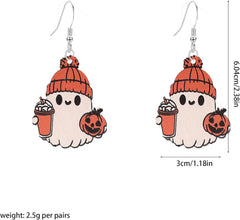 GBAHFY Thanksgiving Wooden Coffee Cup Earrings Halloween Cute Ghost Pumpkin Dangle Earrings for Women Festive Party Jewelry