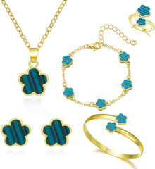 Clover Jewelry Set for Women Non Tarnish Gold-Tone Five Leaf Clover Necklace, Earrings, Ring, Bracelet Fashion Simple Floral Jewelry Set