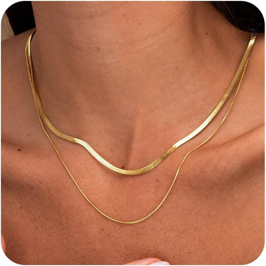 Layered Necklaces for Women,Dainty Gold Necklace for Women Trendy Gold Plated Necklace Set Stack Cuban Link Paperclip Chain Herringbone Jewelry Gifts 3Pcs
