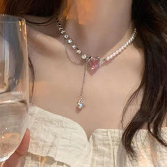 Irregular Heart Necklace for Women Y2k Pink Zircon Pearl Diamond Women's Fashion Pendant Hot Fashion Pink Jewelry for Women