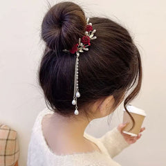 Pearl Rose Hair Clips, Tassel Pill Hair Clip Fashionable Elegant Metal Claw Clips Ponytail Buckle Vintage Hair Pearls Red Rose Flower Clips Hair Accessories for Women Girls Hair Clips