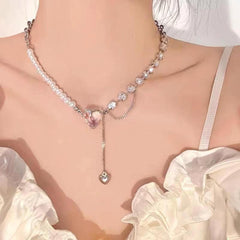 Irregular Heart Necklace for Women Y2k Pink Zircon Pearl Diamond Women's Fashion Pendant Hot Fashion Pink Jewelry for Women