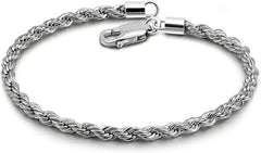 Dankadi Men Diamond Cut 925 Sterling Silver 3mm Twist Rope Chain Bracelets Women Bangle Clasp Rope Box Chain link 6.3" 6.7" 7" 7.5" 8" 8.5" 9" Cuff Jewelry Gifts