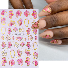 Pink Flower Nail Art Stickers Spring Blossom Flowers Nail Stickers 4PCS Golden Edge Flower Petals 3D Self-Adhesive Nail Decals Manicure Supplies for Women Spring Valentines DIY Nail Art Decorations