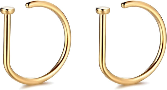 2 PCS 20G Gold D Shaped Nose Rings Hoops Single Piercing Jewelry for Men and Women