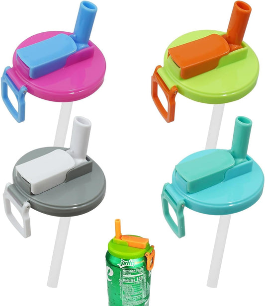 4 Pcs Soda Can Lids with Straw: Reusable Straw Soda Can Lid for Fizzy Drinks - Leak-Proof Covers for Standard Cans – Colourful Can Tops for Cola, Juice, Beverage