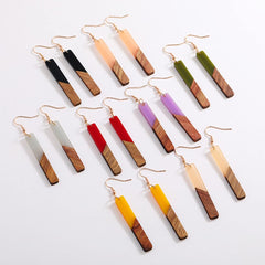 Lightweight Bohemian Wooden Acryluc Resin Geometric Bar Rould Drop Dangle Natural Wood Earrings Ethnic African Western Statement Handmade Jewelry for Women