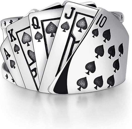 Poker Games Casino Ring Stainless Steel Diamond Spade Flush Playing Cards Statement Band Ring Vintage Gambling Punk Jewelry Adjustable for Women Men (Spade)