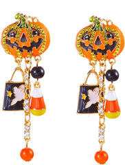 Halloween Pumpkin Earrings for Women Long Tassels Smiling Face Pumpkin Inlaid rhinestones Drop Earrings Halloween Jewelry