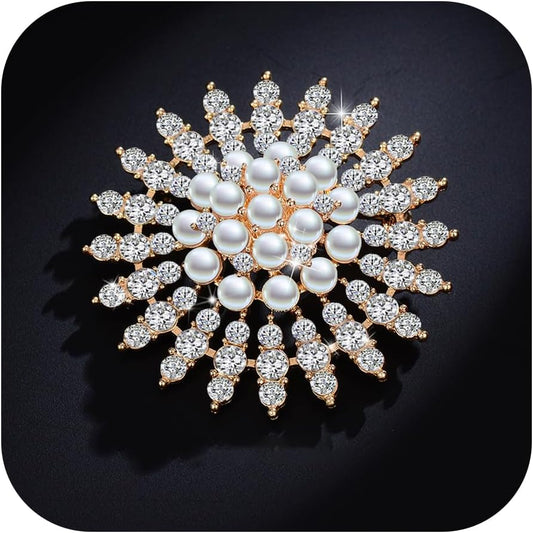 50mm Sun Pearl Brooch Pin for Women Trendy 14K Gold Plated Sunflower Pin Snowflake Brooch Stylish Crystal Brooch Elegant Clothing Hat Bag Accessories Jewerly for Women