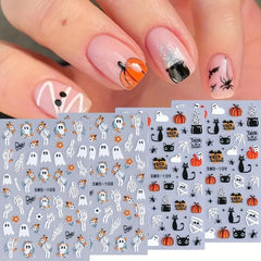 Halloween Nail Art Stickers Decals 3D Cute Ghost Black Cat Halloween Nail Stickers 4PCS Pumpkin Spider Web Skeleton Flower 3D Embossed Nail Decals Manicure Sliders for Women Nail Art Decorations
