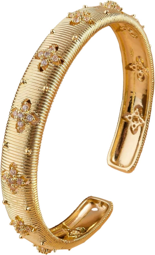 Gold Bracelets for Women, Silver Gold Stripe Bangle Bracelet Cuff Flower Shaped With Simulated Diamond Trendy Mixed Metal Open Gift for Mom Her Jewelry
