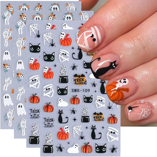 Halloween Nail Art Stickers Decals 3D Cute Ghost Black Cat Halloween Nail Stickers 4PCS Pumpkin Spider Web Skeleton Flower 3D Embossed Nail Decals Manicure Sliders for Women Nail Art Decorations