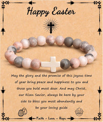JoycuFF , Cross Bracelets for Women, Faith Religious Easter Catholic Christian Jewelry, Meaningful Baptism Communion Confirmation Natural Stone Bracelets for Women