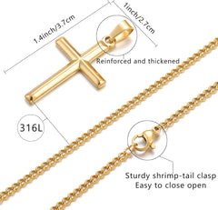 Cross Necklace Men Silver/Gold/Black Chain with Bevelled Cross Pendant Stainless Steel Cross Necklace for Men Women Chain Length 45-60cm Holiday/Birthady/Christian Gifts for Boys Girls