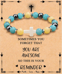 JoycuFF , Cross Bracelets for Women, Faith Religious Easter Catholic Christian Jewelry, Meaningful Baptism Communion Confirmation Natural Stone Bracelets for Women