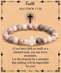 JoycuFF , Cross Bracelets for Women, Faith Religious Easter Catholic Christian Jewelry, Meaningful Baptism Communion Confirmation Natural Stone Bracelets for Women