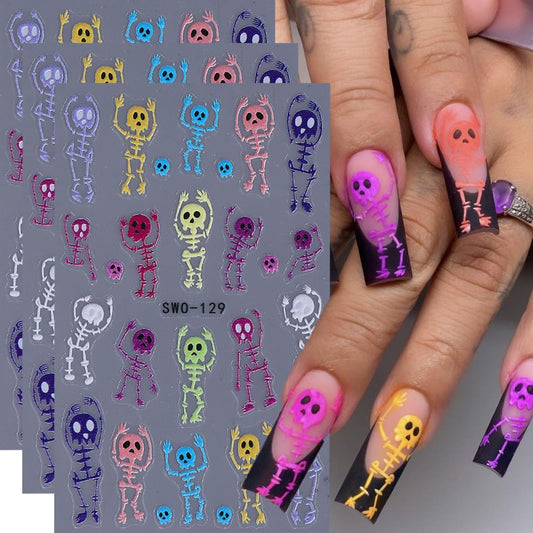 Halloween Nail Art Stickers Decals 5D Embossed Skeleton Nail Stickers 3PCS Rainbow Color Skull Skeleton Halloween Nails Design Adhesive Sticker Manicure Sliders for Women Holiday Nail Art Decorations