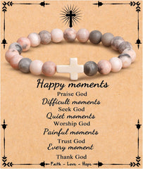 JoycuFF , Cross Bracelets for Women, Faith Religious Easter Catholic Christian Jewelry, Meaningful Baptism Communion Confirmation Natural Stone Bracelets for Women