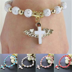 Bracelets Women lady Bracelet Girls Gift Angel Wing Cross Pendant Bracelet for Men Women Bead Chain Bracelet Fashion Accessories Souvenirs Gifts