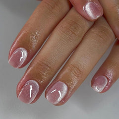 KQueenest Cat Eye Light Pink Press on Nails Medium Almond, 30 Pcs Glitter Nude Pink Fake Nails Press ons, Sparkly Acrylic Nails with UV Coating, Reusable Glue on Nails for Women Summer