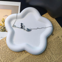 Black Cat Necklace for Women Halloween Black Cat Broom Necklace