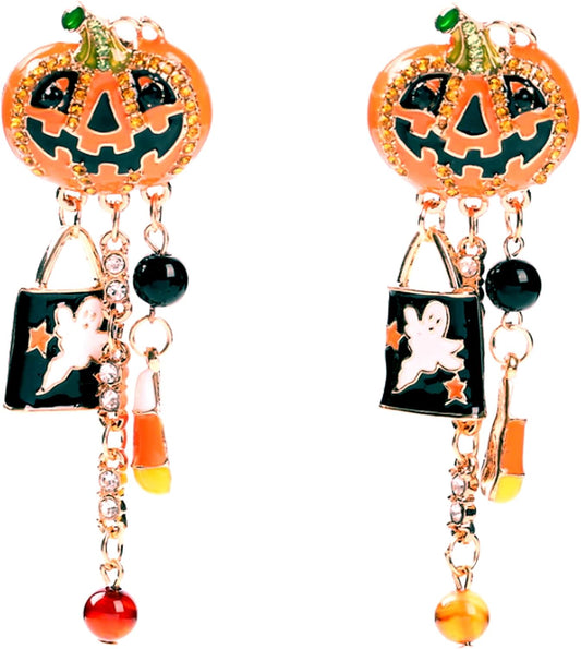 Halloween Pumpkin Earrings for Women Long Tassels Smiling Face Pumpkin Inlaid rhinestones Drop Earrings Halloween Jewelry
