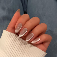 KQueenest Cat Eye Light Pink Press on Nails Medium Almond, 30 Pcs Glitter Nude Pink Fake Nails Press ons, Sparkly Acrylic Nails with UV Coating, Reusable Glue on Nails for Women Summer